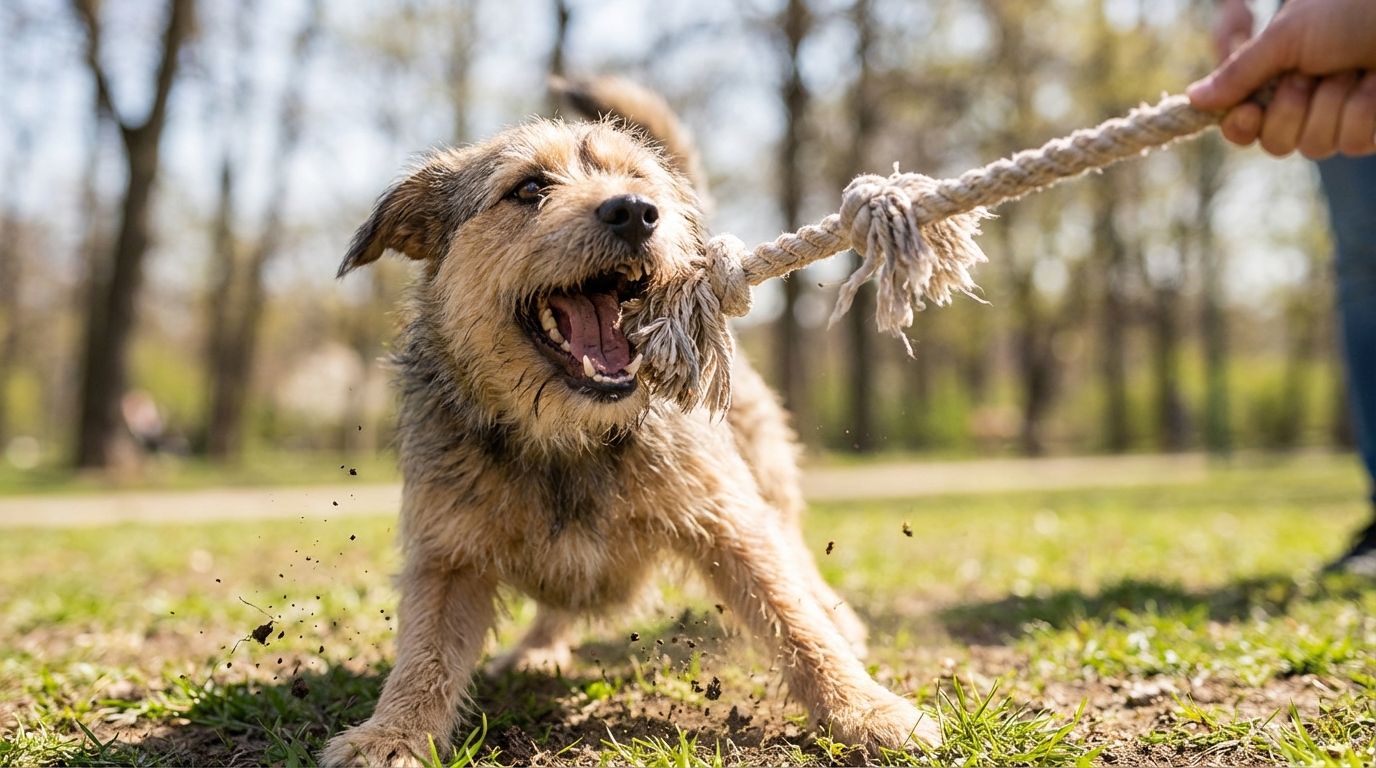 Chien jouant au tir à la corde avec une corde en coton, gueule ouverte, attitude ludique.