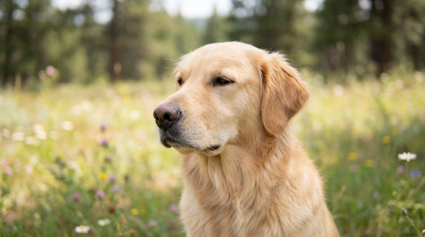 Chien qui communique par le langage corporel, signaux d'apaisement, tête légèrement détournée.