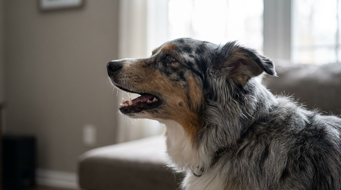 Chien de type berger australien aboyant en intérieur, cadré de profil, lumière naturelle douce.