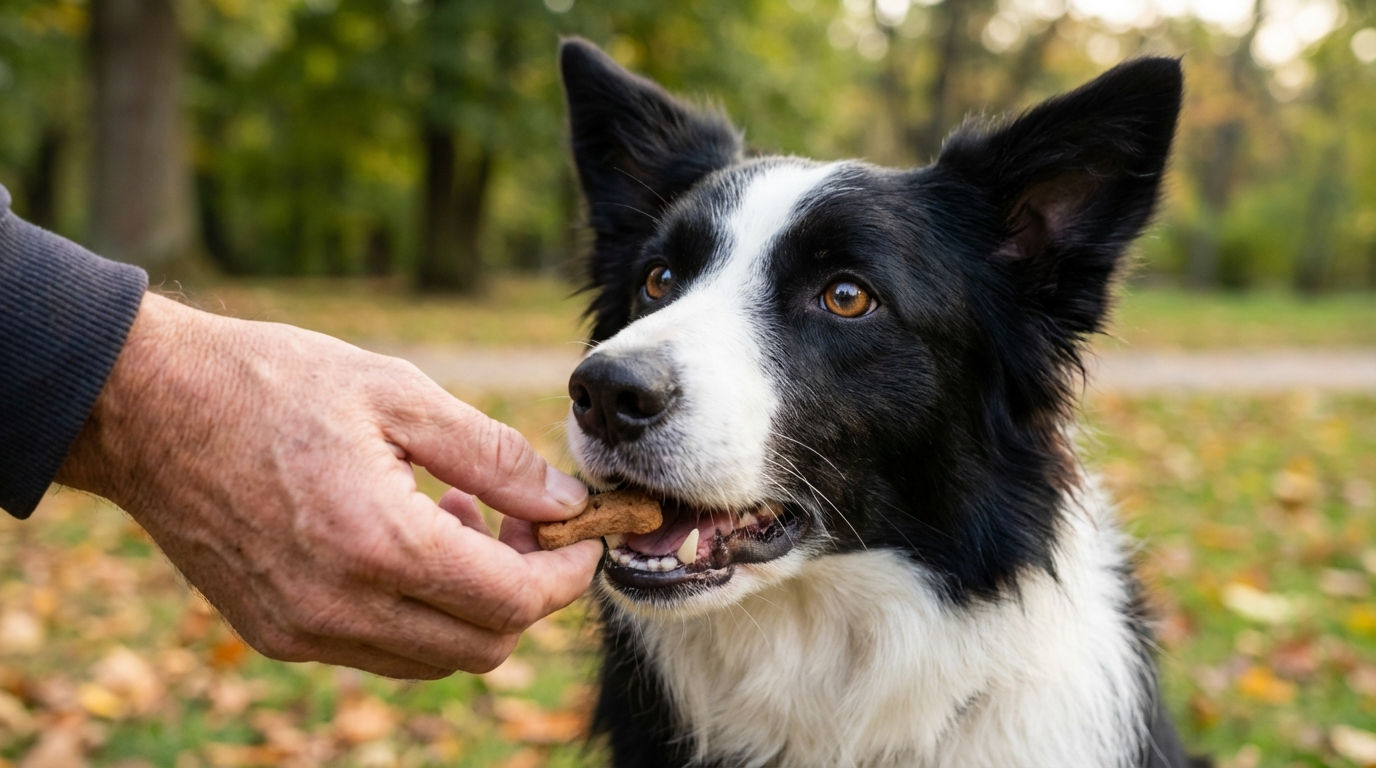 Main humaine donnant une friandise à un chien attentif, gros plan.