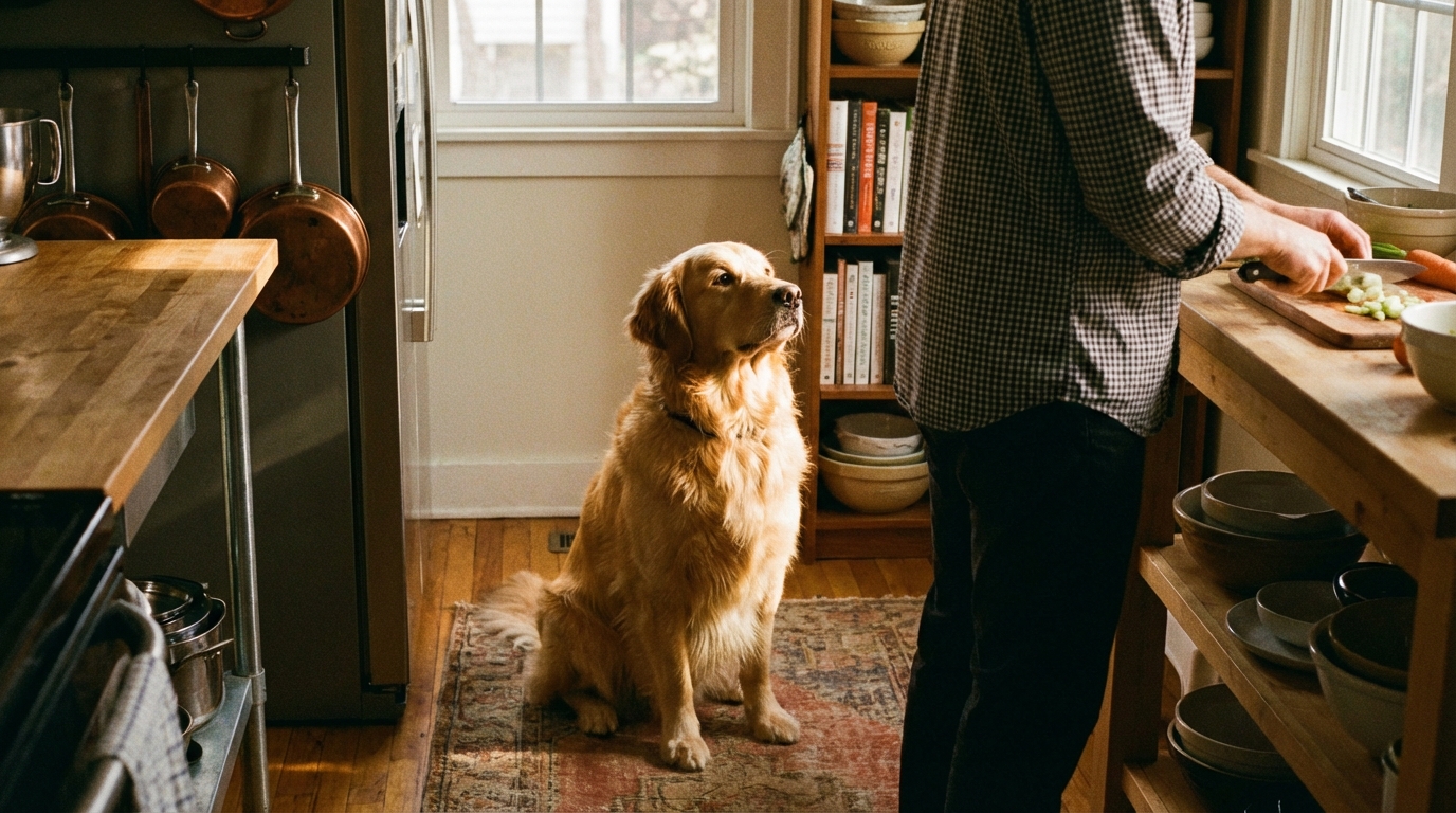 Chien assis calmement regardant son maitre qui prépare une gamelle, ambiance cuisine.