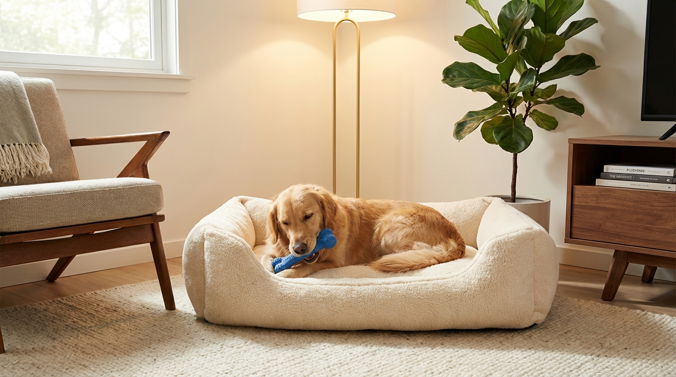 Chien couché dans son panier avec un jouet d'occupation, au calme.