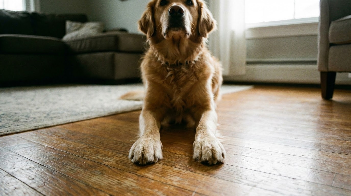 Chien assis calmement regardant vers le haut, attendant une interaction sans sauter