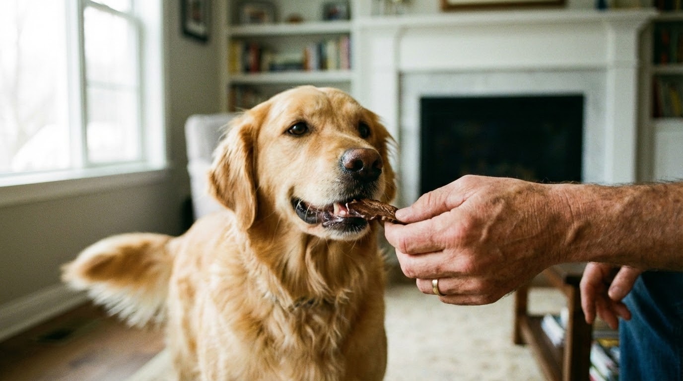 Chien recevant une friandise naturelle en position assise