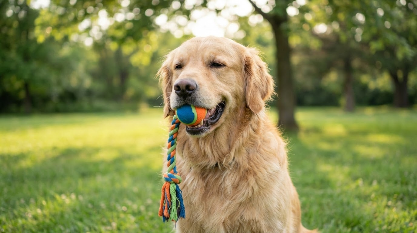 Golden Retriever assis dans l'herbe tenant fièrement un jouet coloré dans la gueule, regardant vers son propriétaire hors champ.