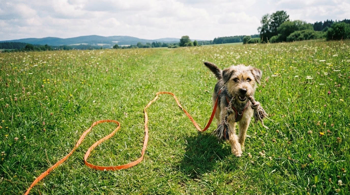 Chien revenant vers son maître avec une longe détendue (lâche) traînant au sol. Le maître est accroupi au loin.