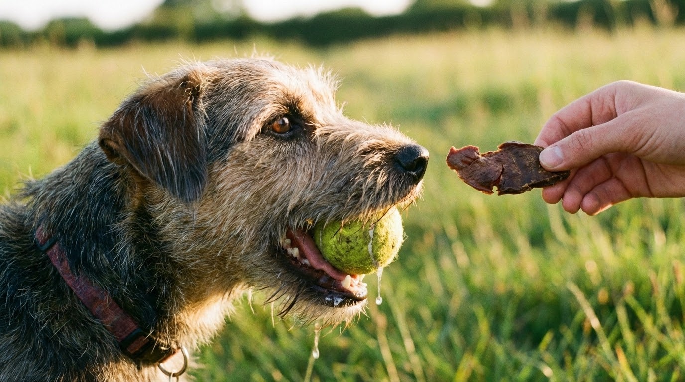 Gros plan sur une main ouverte proposant une friandise alors que le chien a une balle dans la gueule.