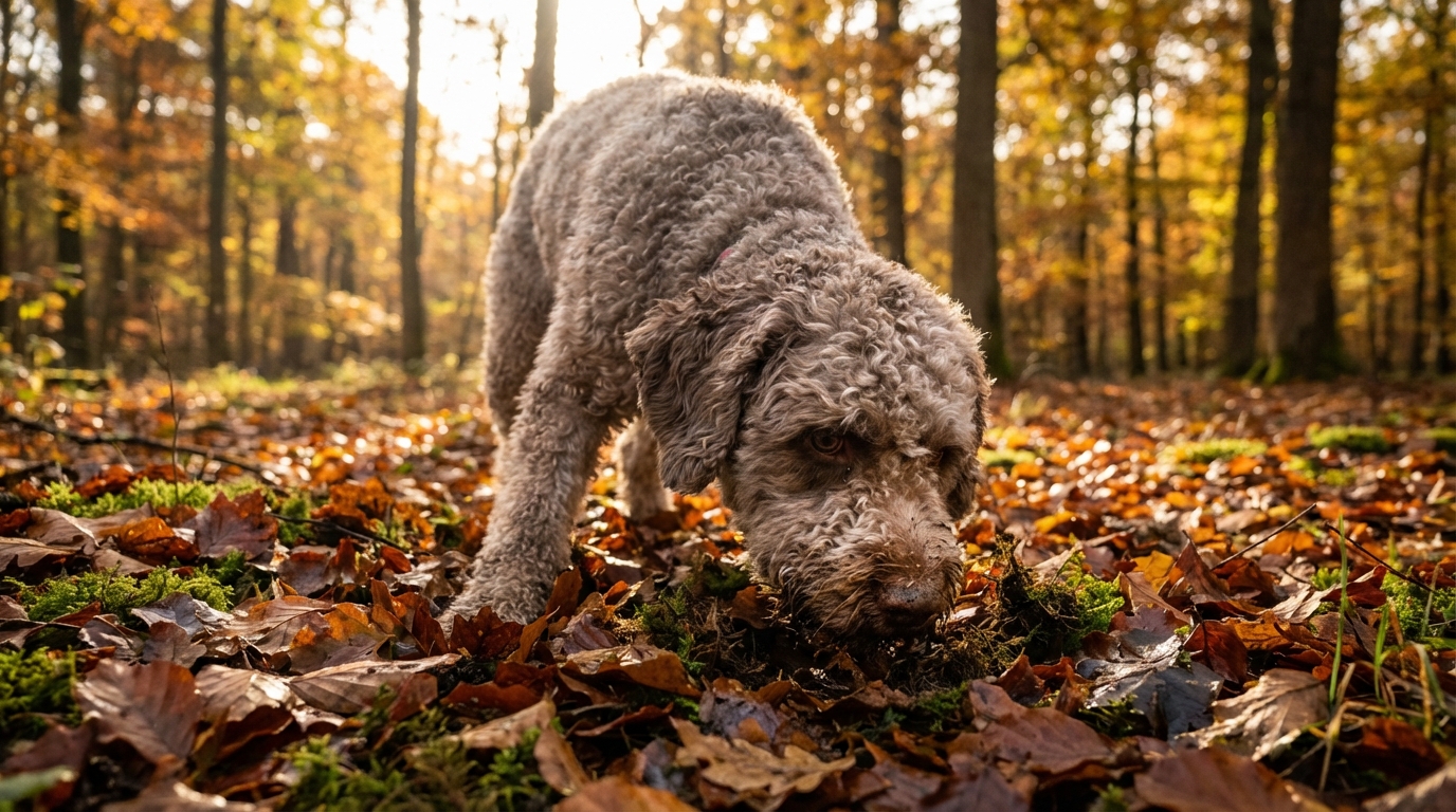Chien de race Lagotto Romagnolo en forêt truffière, la truffe au sol, cherchant activement, ambiance automnale douce et naturelle.