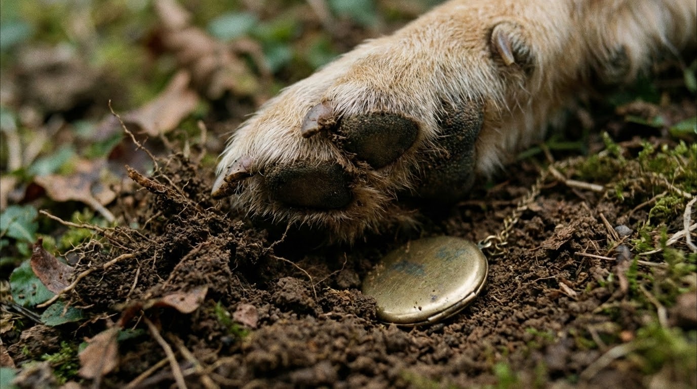 Patte de chien grattant délicatement la terre pour découvrir un objet, plan rapproché.