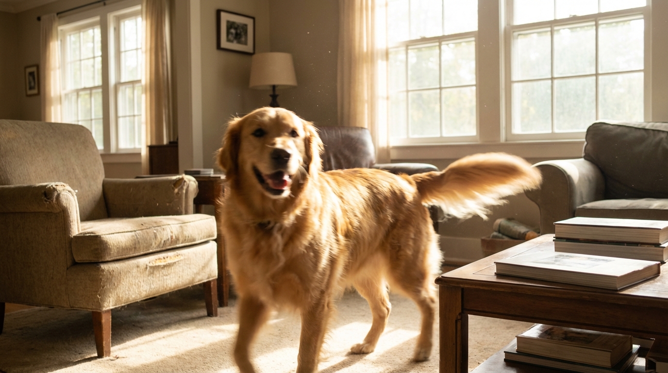 Chien joyeux qui tourne sur lui-même dans un salon lumineux, focus sur le mouvement et le plaisir du jeu.