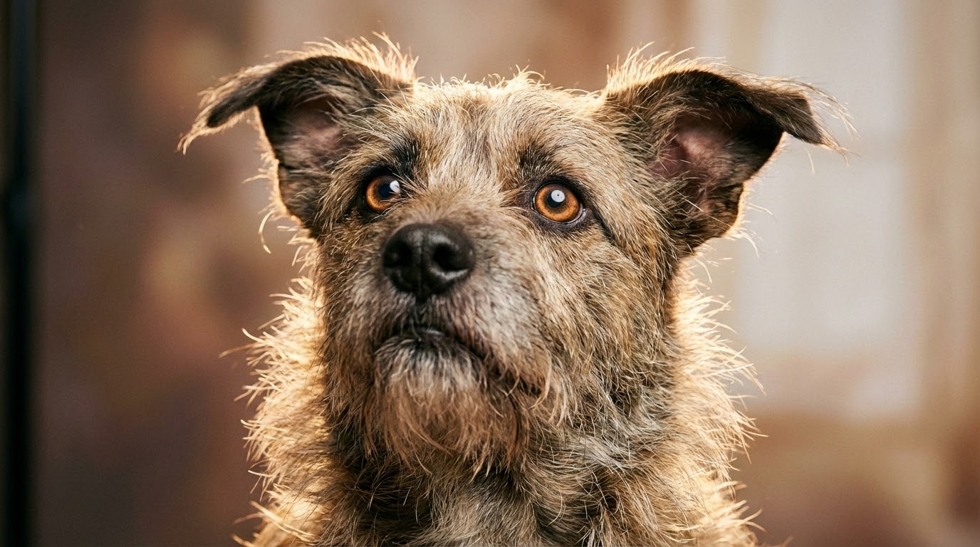 Gros plan sur un chien attentif regardant vers le haut, expression de concentration et de complicité.