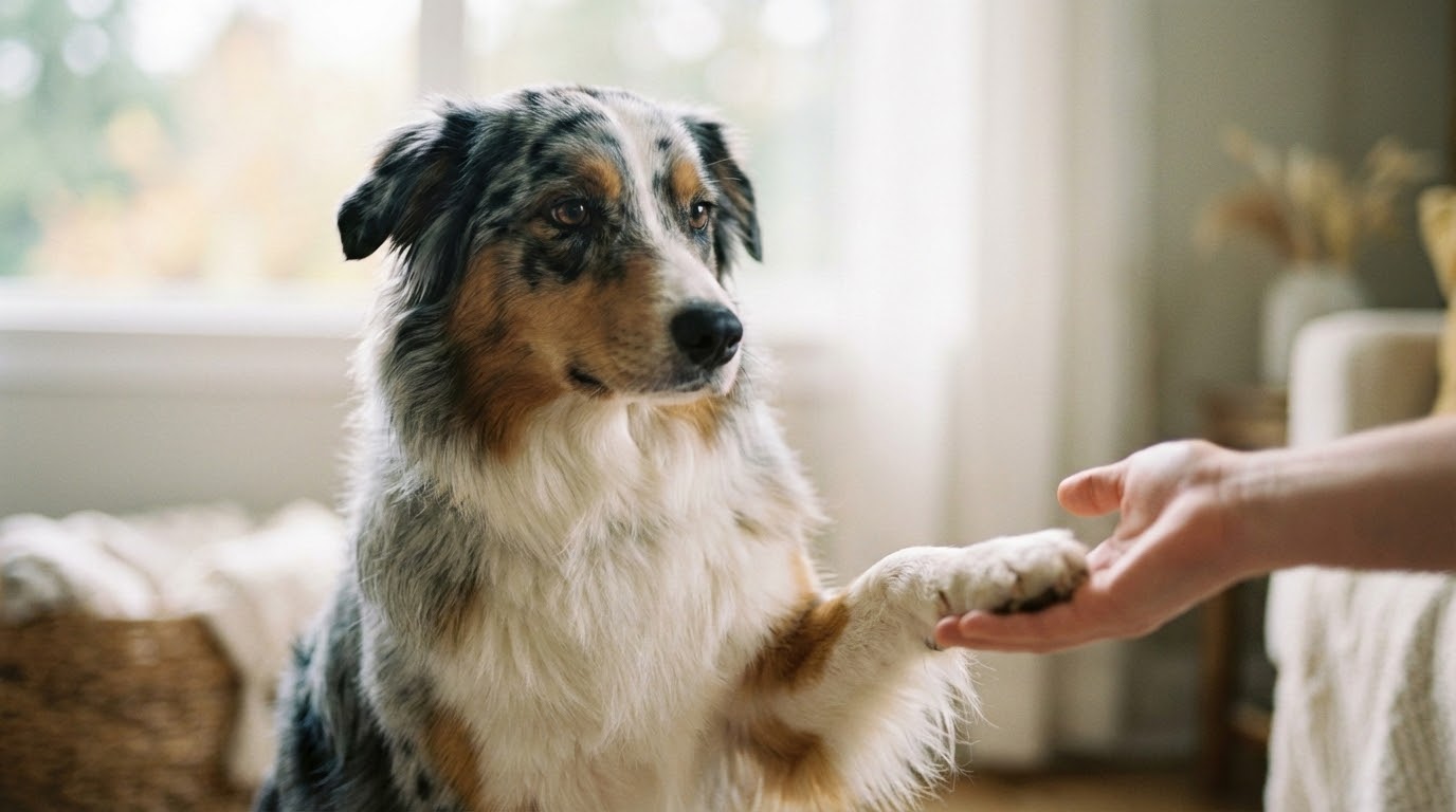 Berger Australien assis donnant la patte calmement, fond neutre et lumineux