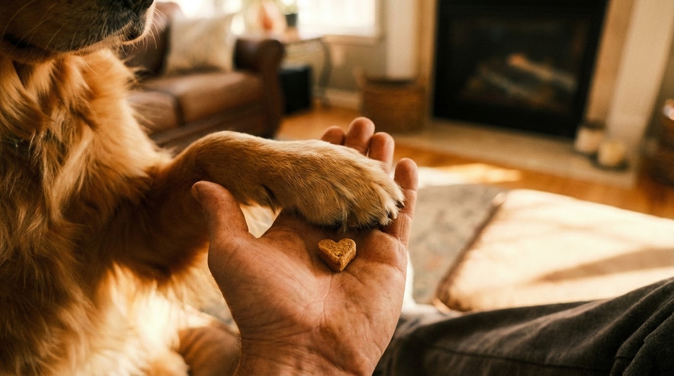Patte de chien posée sur une main humaine ouverte, échange de confiance