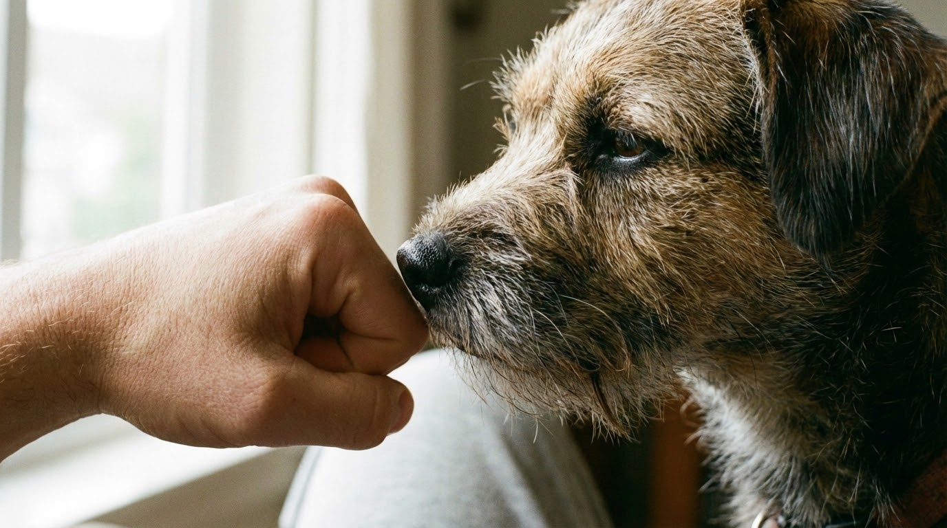 Museau de chien reniflant une main fermée, gros plan