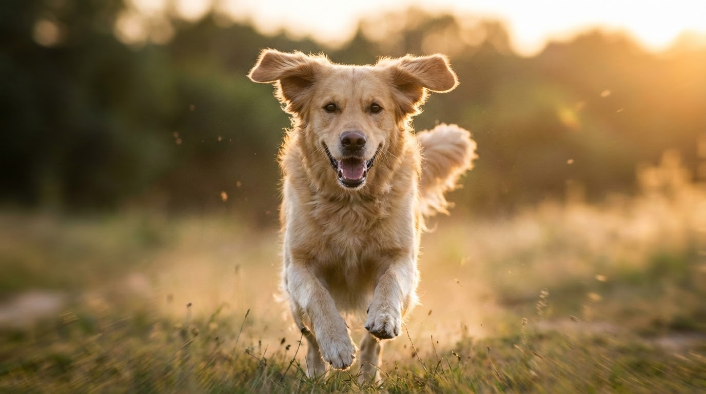 Chien adulte joyeux courant vers son propriétaire dans un parc verdoyant