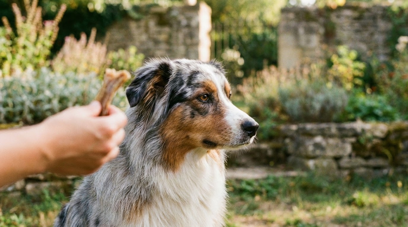Chien adulte assis regardant attentivement une main tendue tenant une friandise