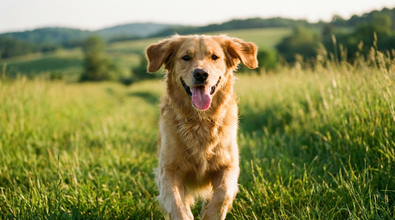 Chien heureux courant vers son propriétaire dans un champ d'herbes hautes, lumière dorée.