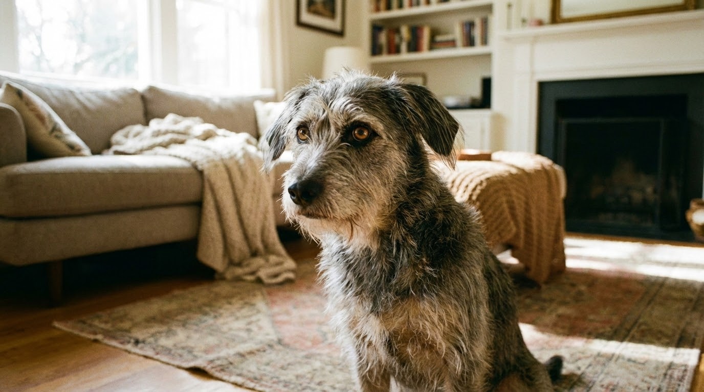 Chien croisé de taille moyenne assis avec une posture hésitante, regardant de côté dans un salon lumineux.