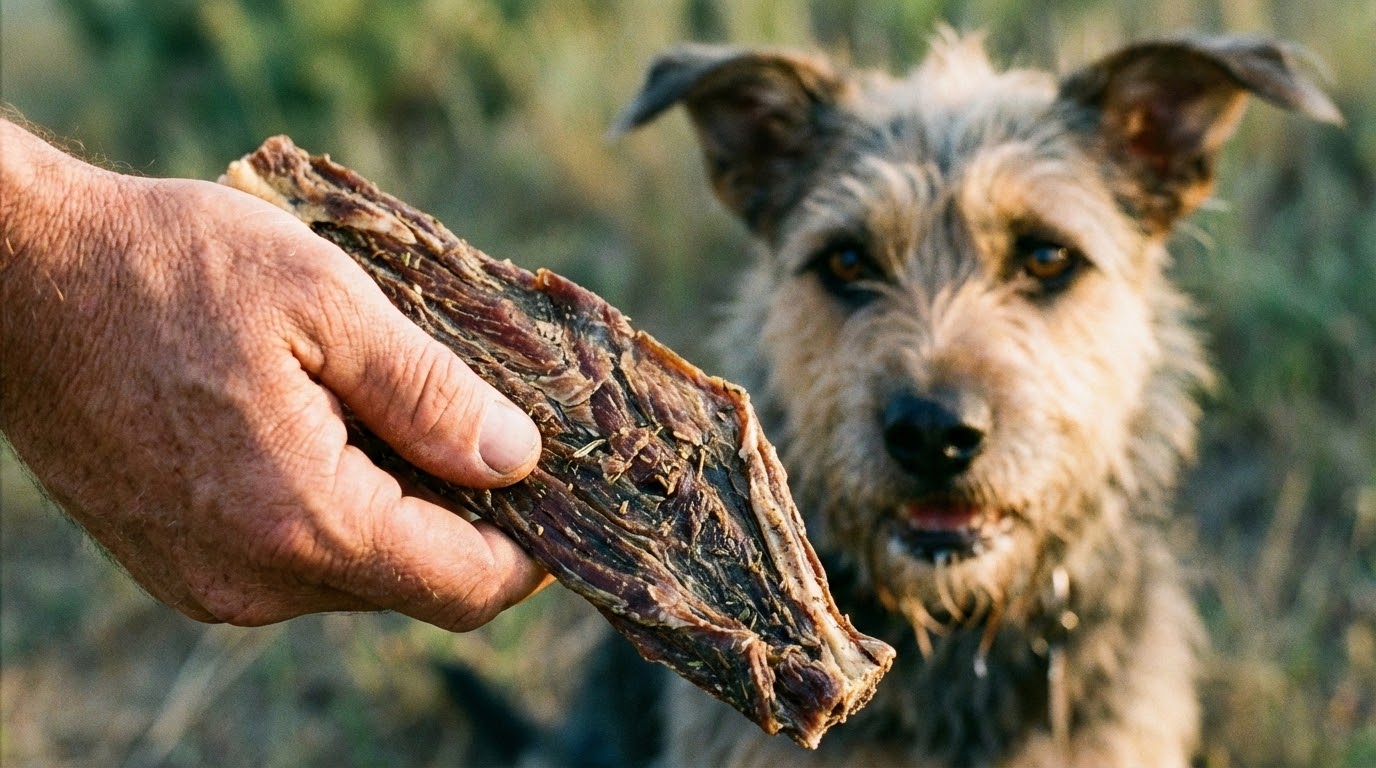 Main humaine tenant une friandise, vue en gros plan, avec un chien flou en arrière-plan.