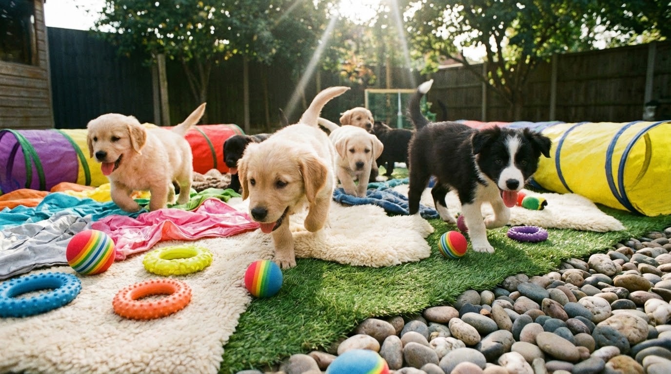 Chiots jouant ensemble dans un environnement enrichi avec divers jouets et surfaces.
