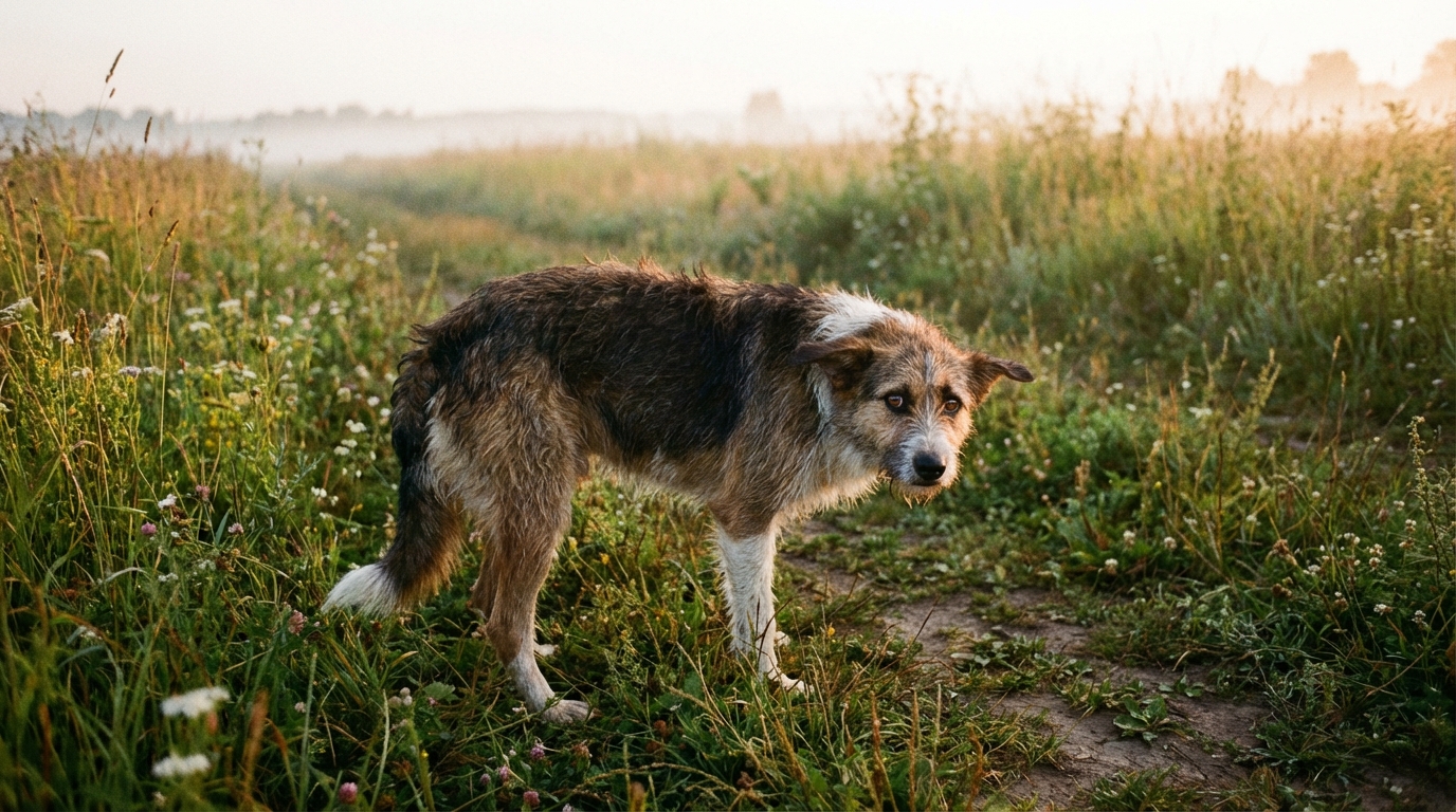 Chien errant méfiant qui observe de loin dans un environnement naturel neutre