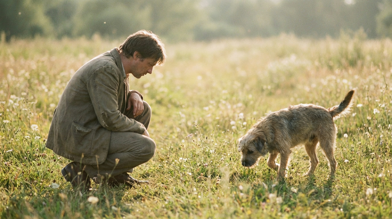 L'humain accroupi de profil, regardant le sol, tandis qu'un chien s'approche timidement