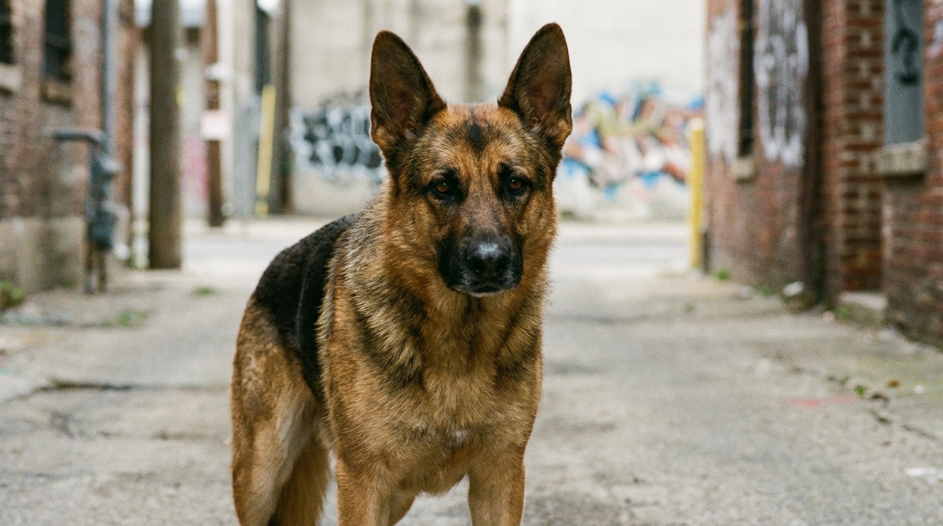 Chien berger belge malinois en posture d'alerte dans un environnement urbain flou, montrant des signaux de stress