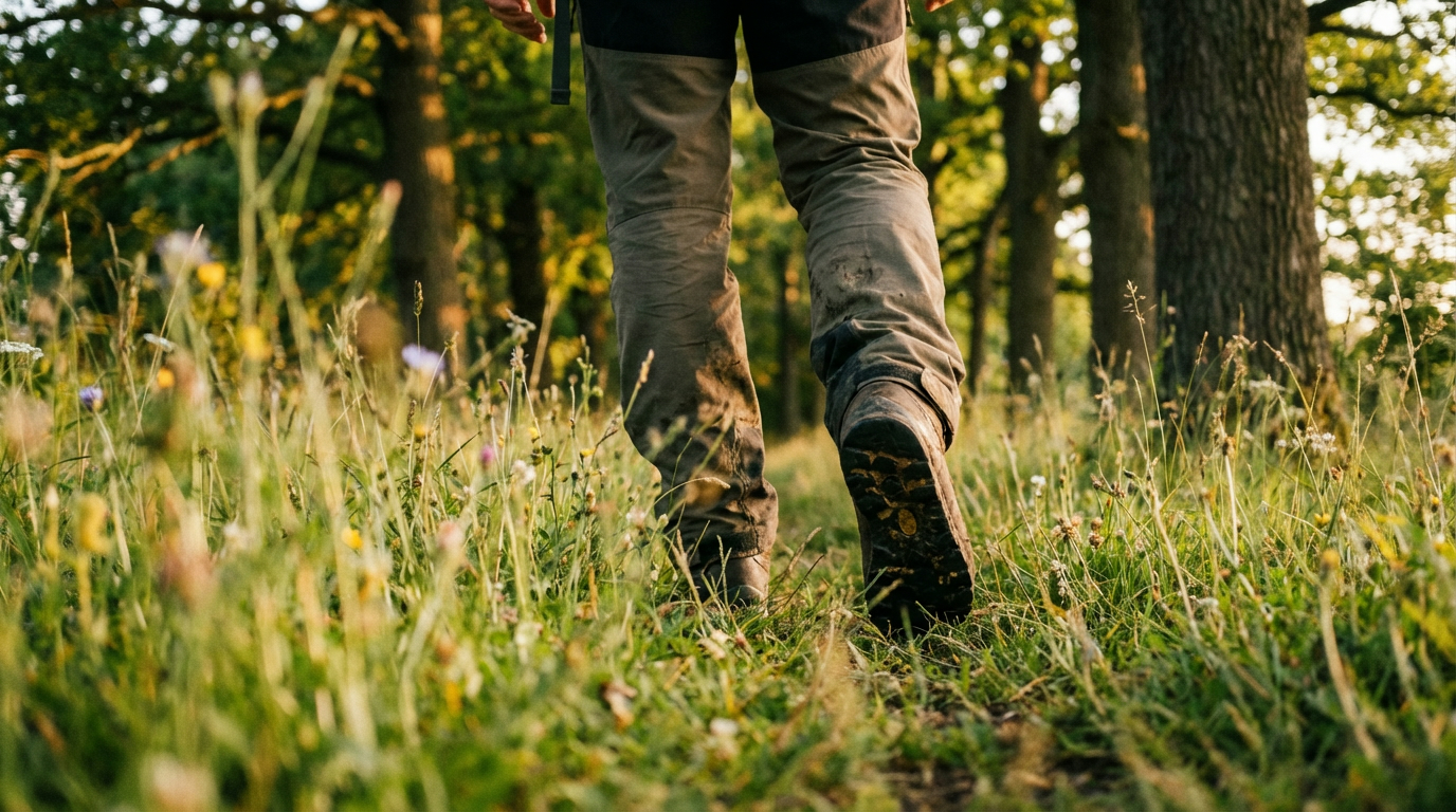 Jambes d'une personne reculant lentement sur un chemin, vue au niveau du sol