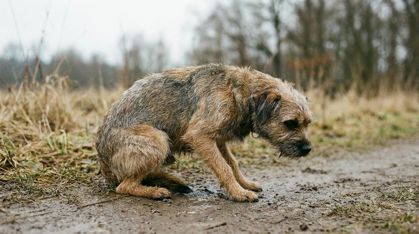 Silhouette de chien queue basse et posture basse indiquant la peur