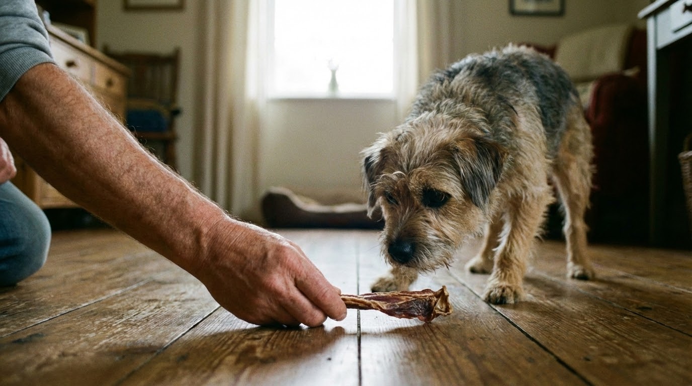 Main humaine tenant une friandise au sol, loin du corps, chien s'approchant pour la prendre.