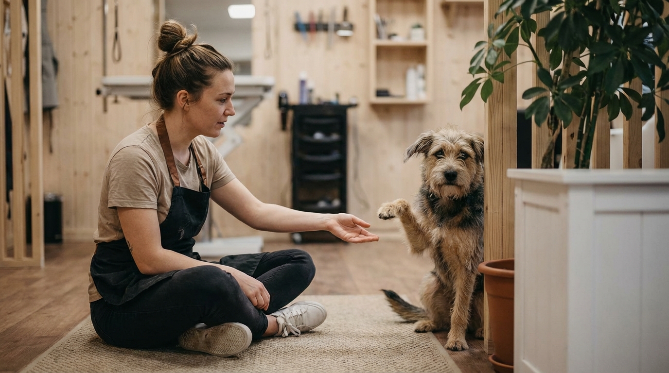 toiletteur en position latérale approche doucement la main vers un chien craintif type podenco ou croisé, intérieur salon calme, lumière douce