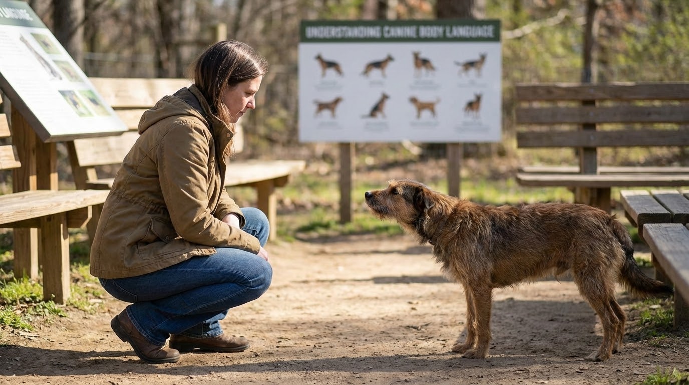 femme accroupie de profil regardant le sol près d'un chien timide