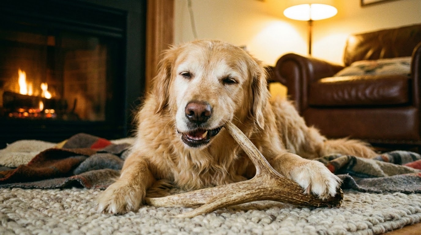 chien détendu qui mâchouille un bois de cerf ou un jouet kong