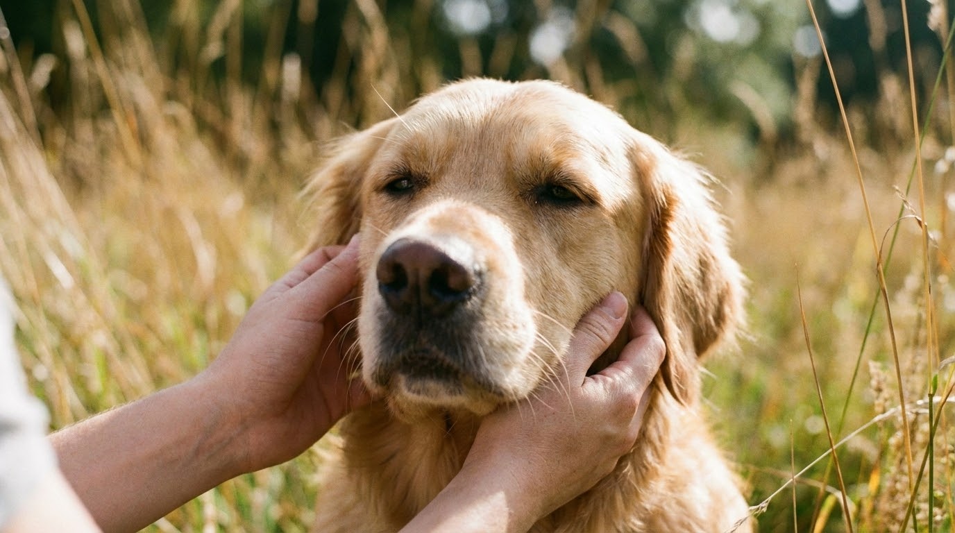 Chien assis dans l'herbe haute, inspection douce par son maître, ambiance sereine