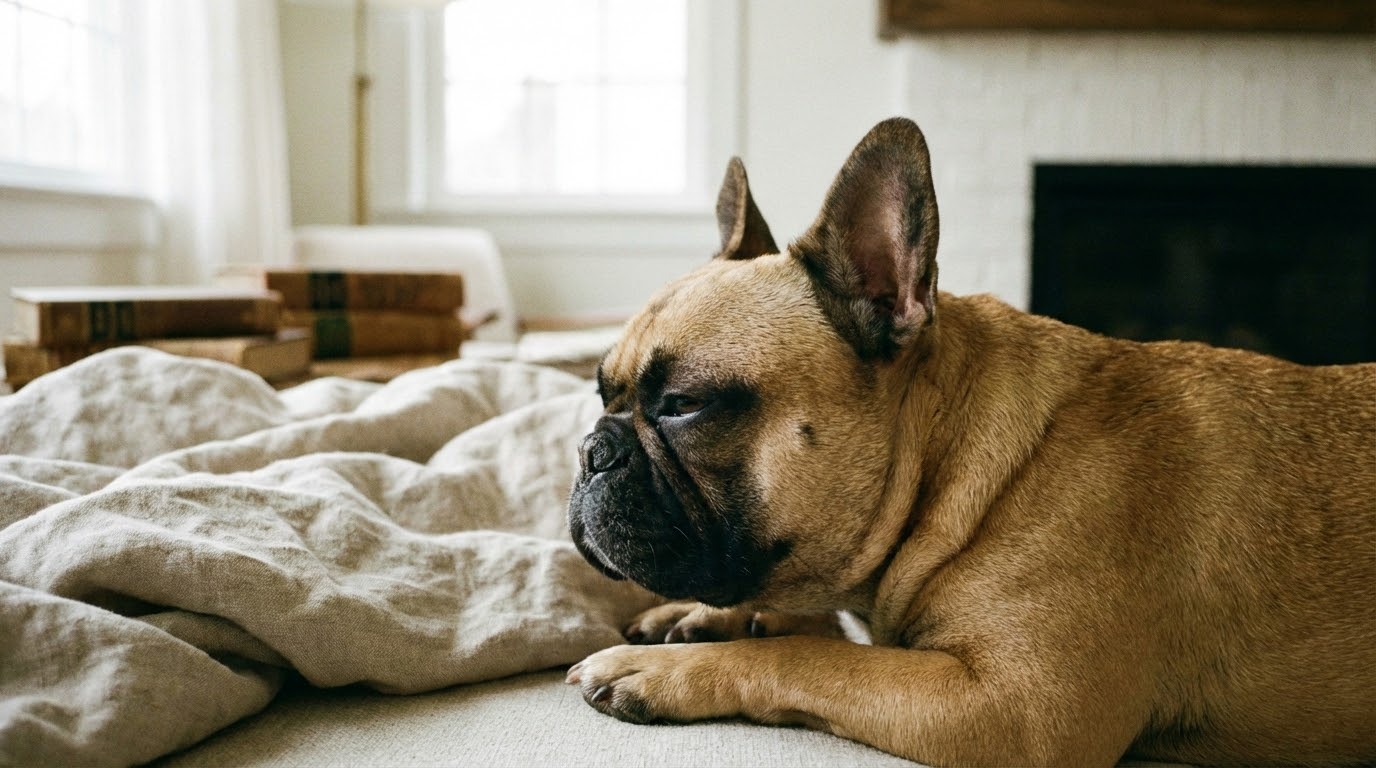 Bouledogue français au repos, respirant calmement.