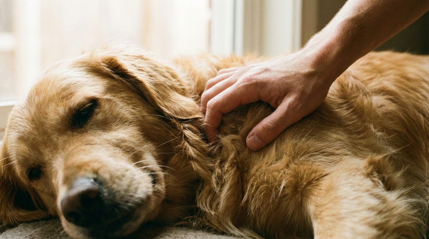 Main humaine massant doucement le flanc d'un chien détendu.