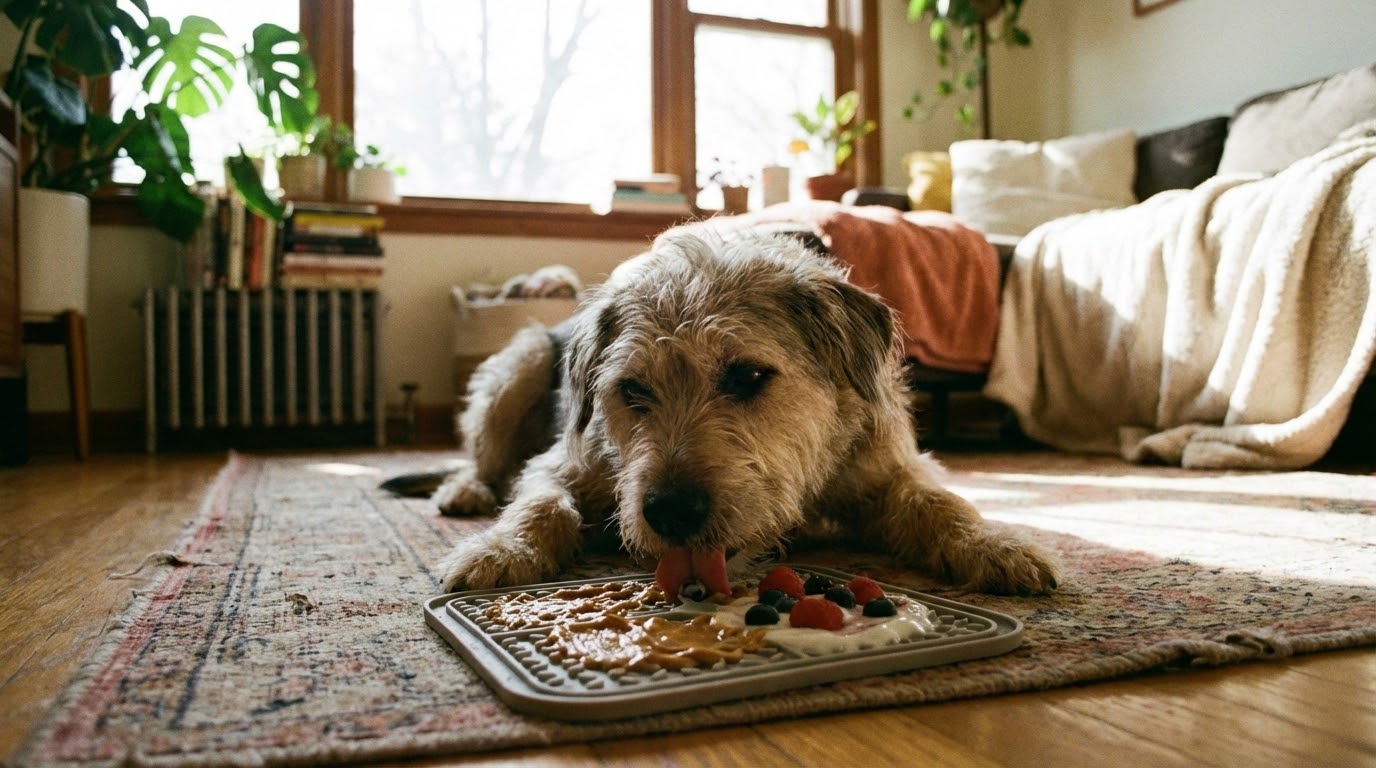 Chien occupé sur un tapis de léchage coloré.
