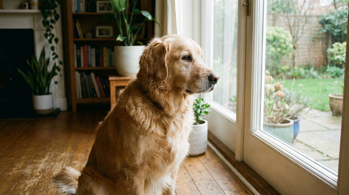 Chien mâle assis calmement regardant par une fenêtre, lumière douce