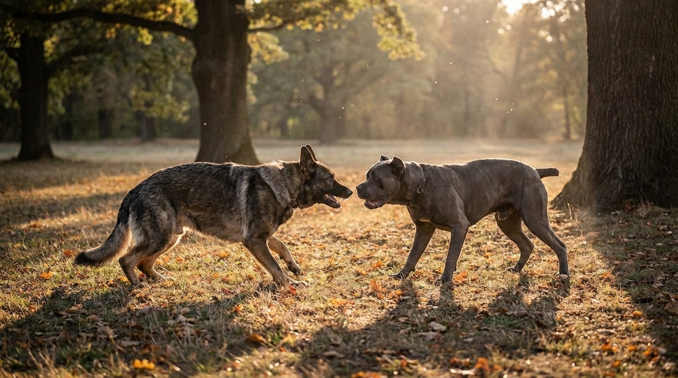 Deux chiens tendus face à face, signes d'agression, extérieur, photoréaliste