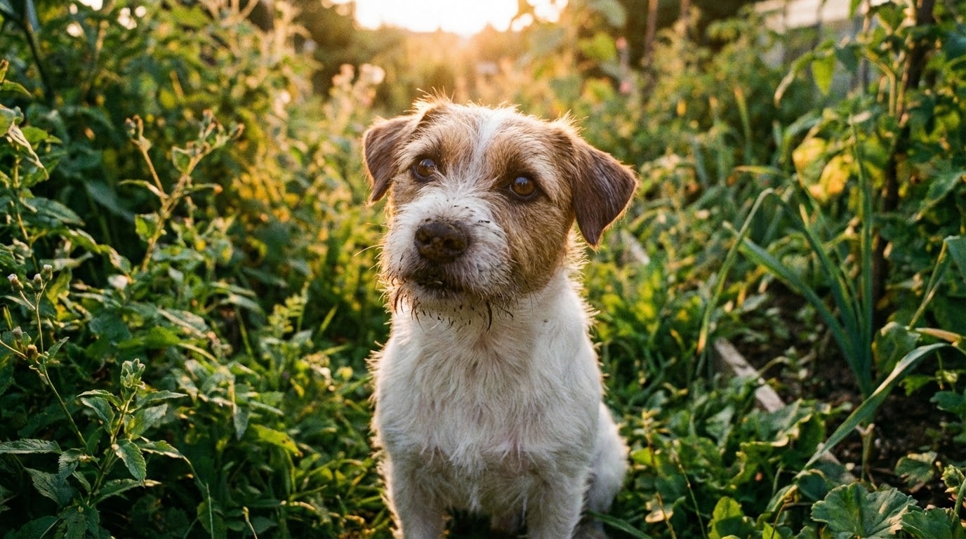 Un chien de race Terrier avec de la terre sur le nez, assis coupable mais mignon dans un jardin verdoyant, lumière douce de fin de journée, photographie réaliste.