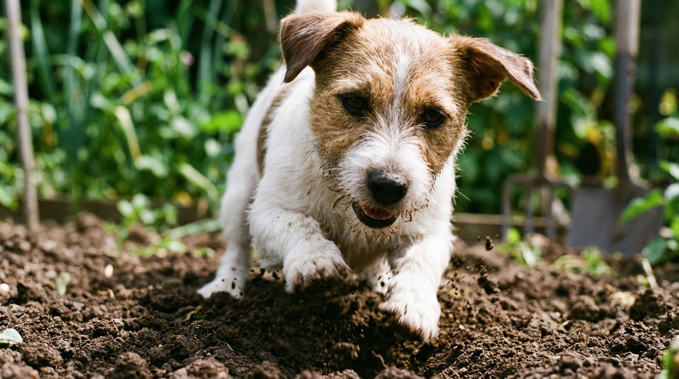 Chien terrier qui creuse dans la terre d'un jardin, gros plan sur les pattes et la terre qui vole, lumière naturelle douce