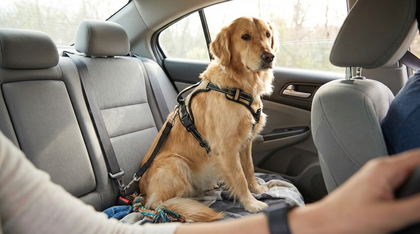 Chien assis calmement sur la banquette arrière d'une voiture avec un harnais de sécurité, regardant par la fenêtre.