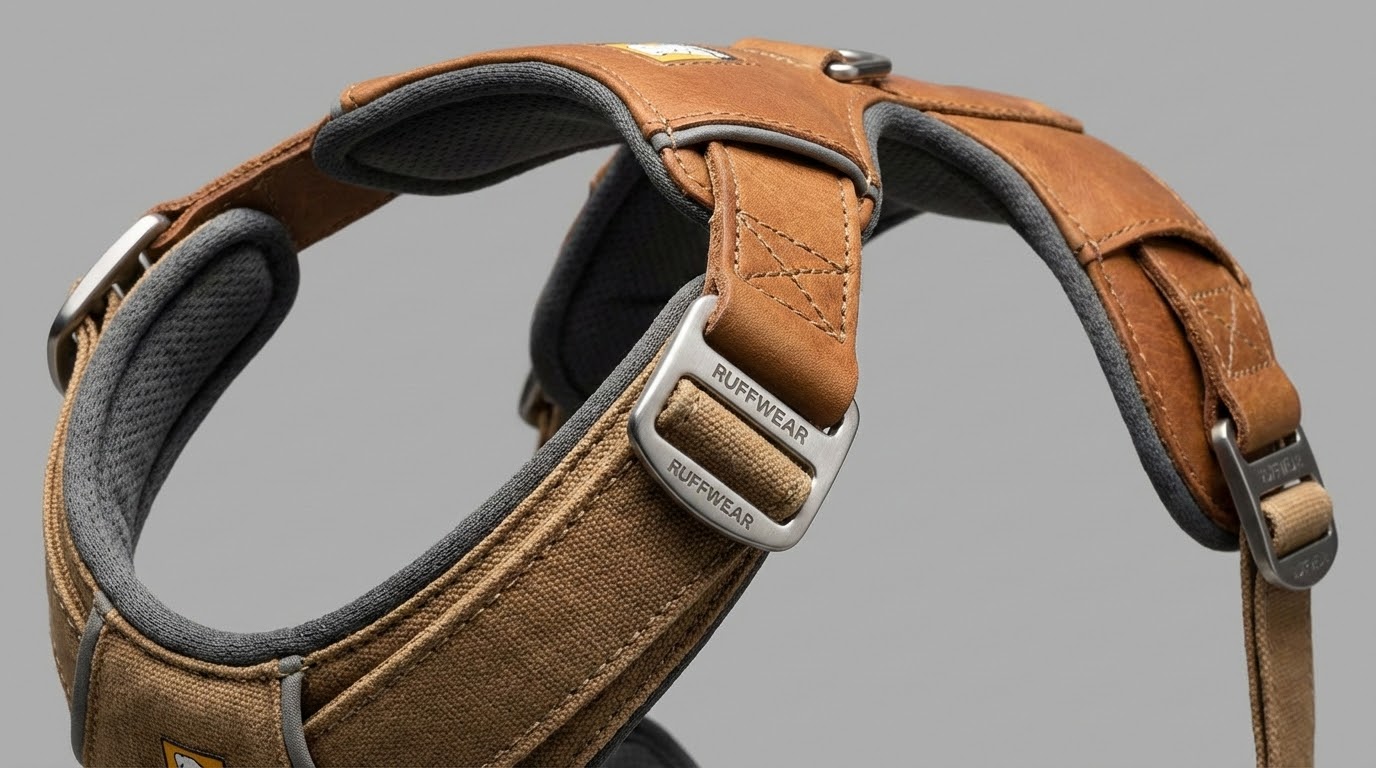 Gros plan sur un harnais de sécurité pour chien robuste et rembourré.