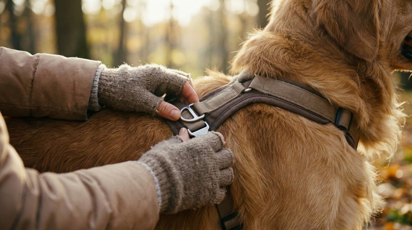 Propriétaire ajustant doucement un harnais confortable sur un chien calme en extérieur.