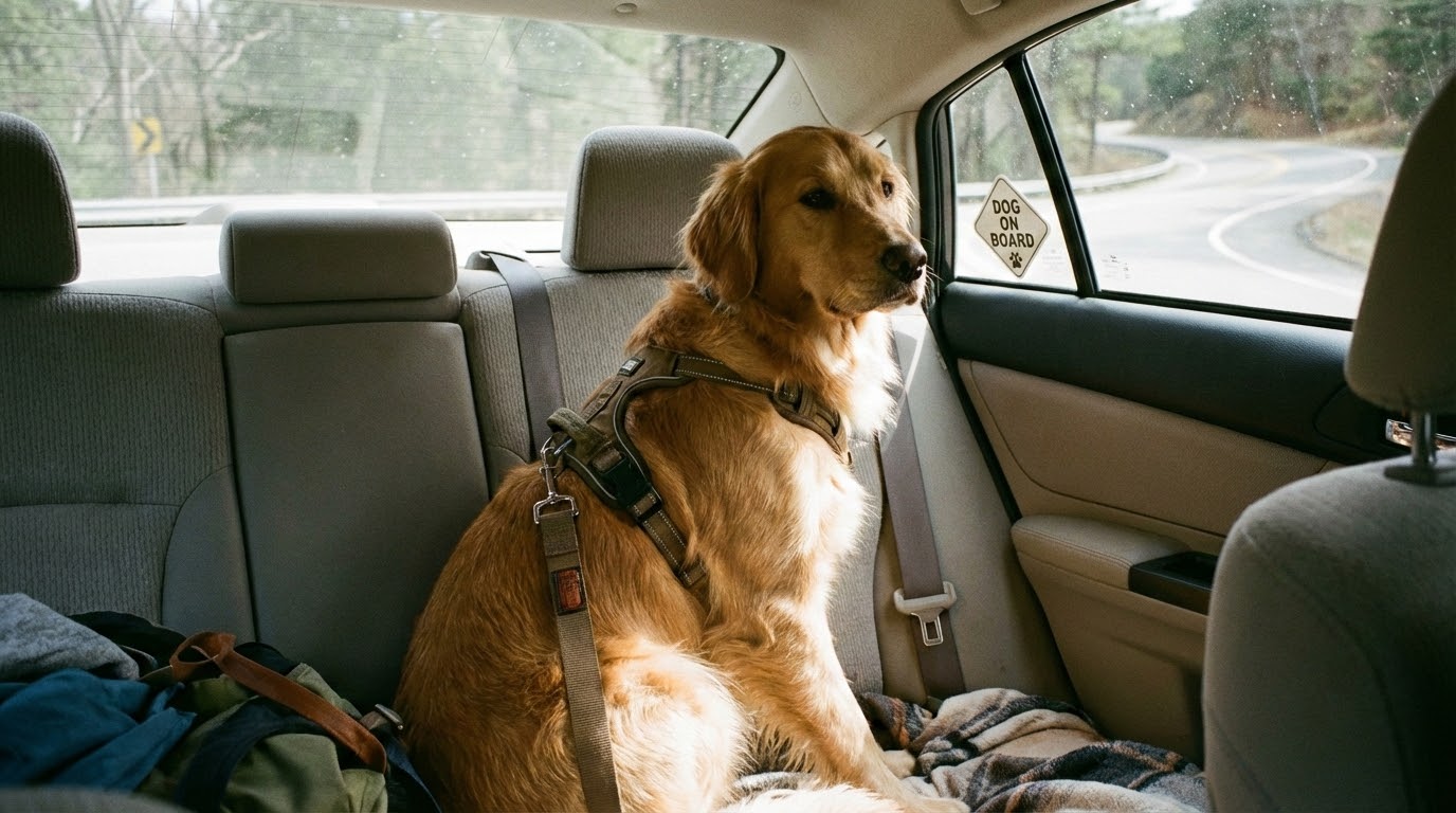Chien assis en voiture attaché par son harnais à la ceinture de sécurité.