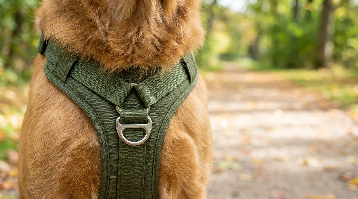 Focus sur l'anneau d'attache situé sur le poitrail d'un chien.