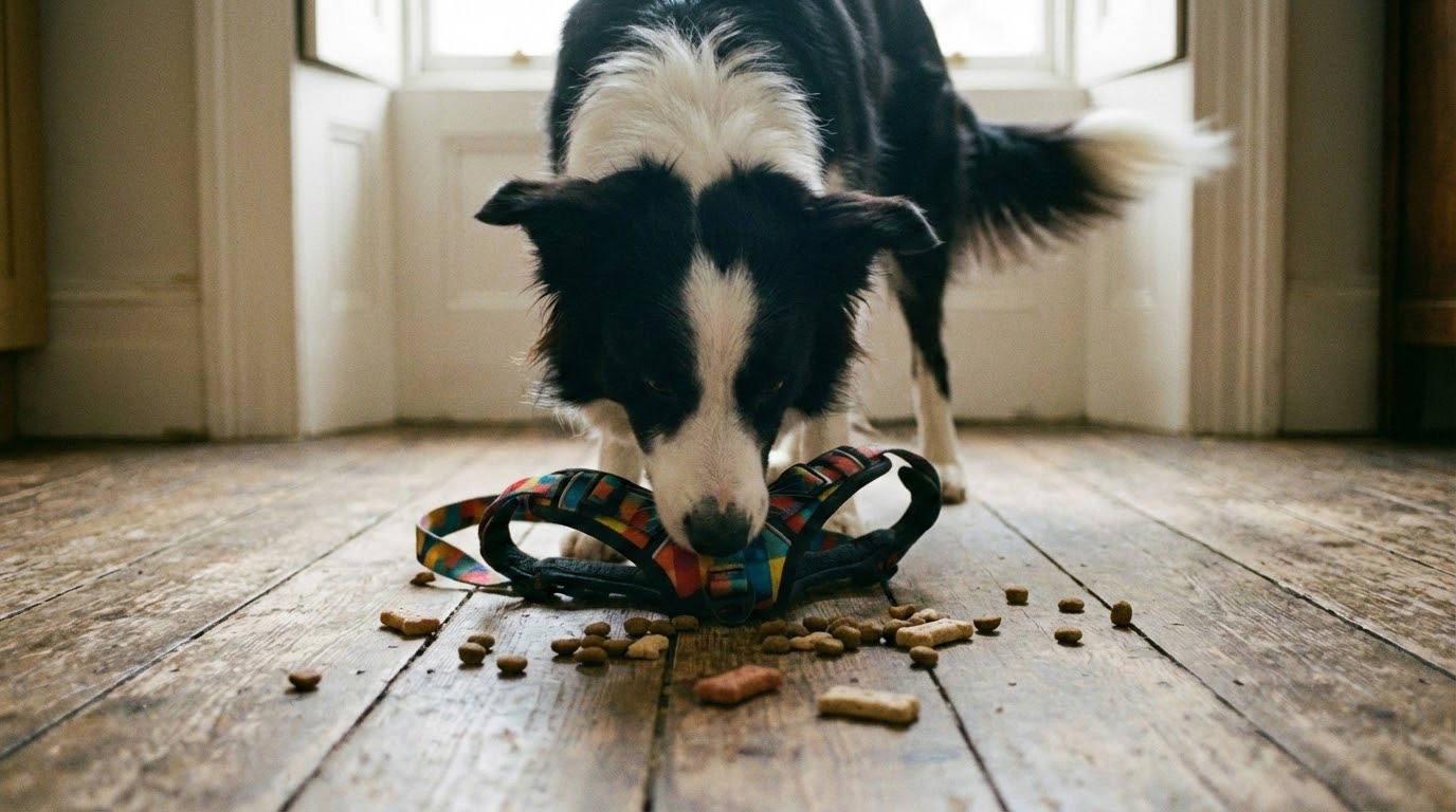 Chien curieux reniflant un harnais posé au sol avec des friandises à côté.