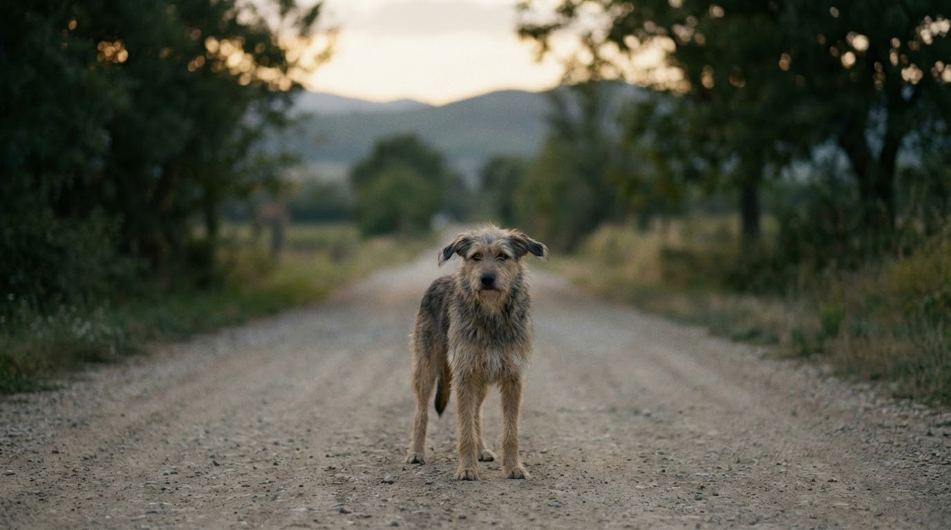 Chien errant craintif observant à distance sur un chemin de campagne