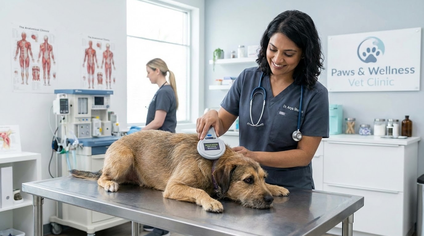 Vétérinaire examinant doucement un chien sur une table de consultation