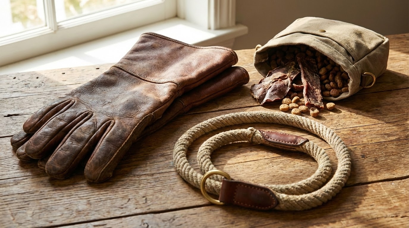 Kit de capture chien : gants en cuir, laisse lasso et cage de transport posés au sol